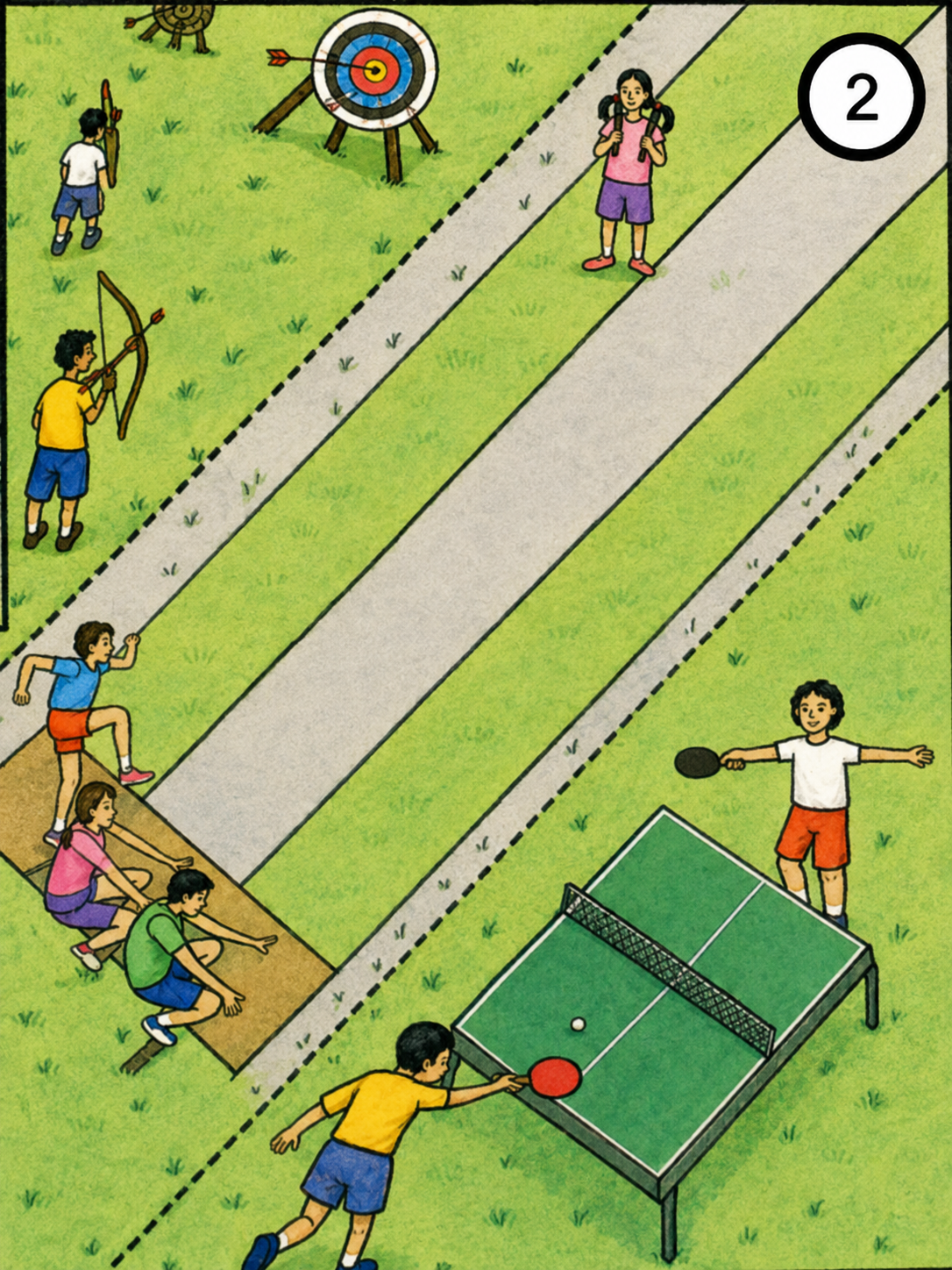 Kinder beim Sportunterricht mit verschiedenen Sportgeräten auf dem Schulhof